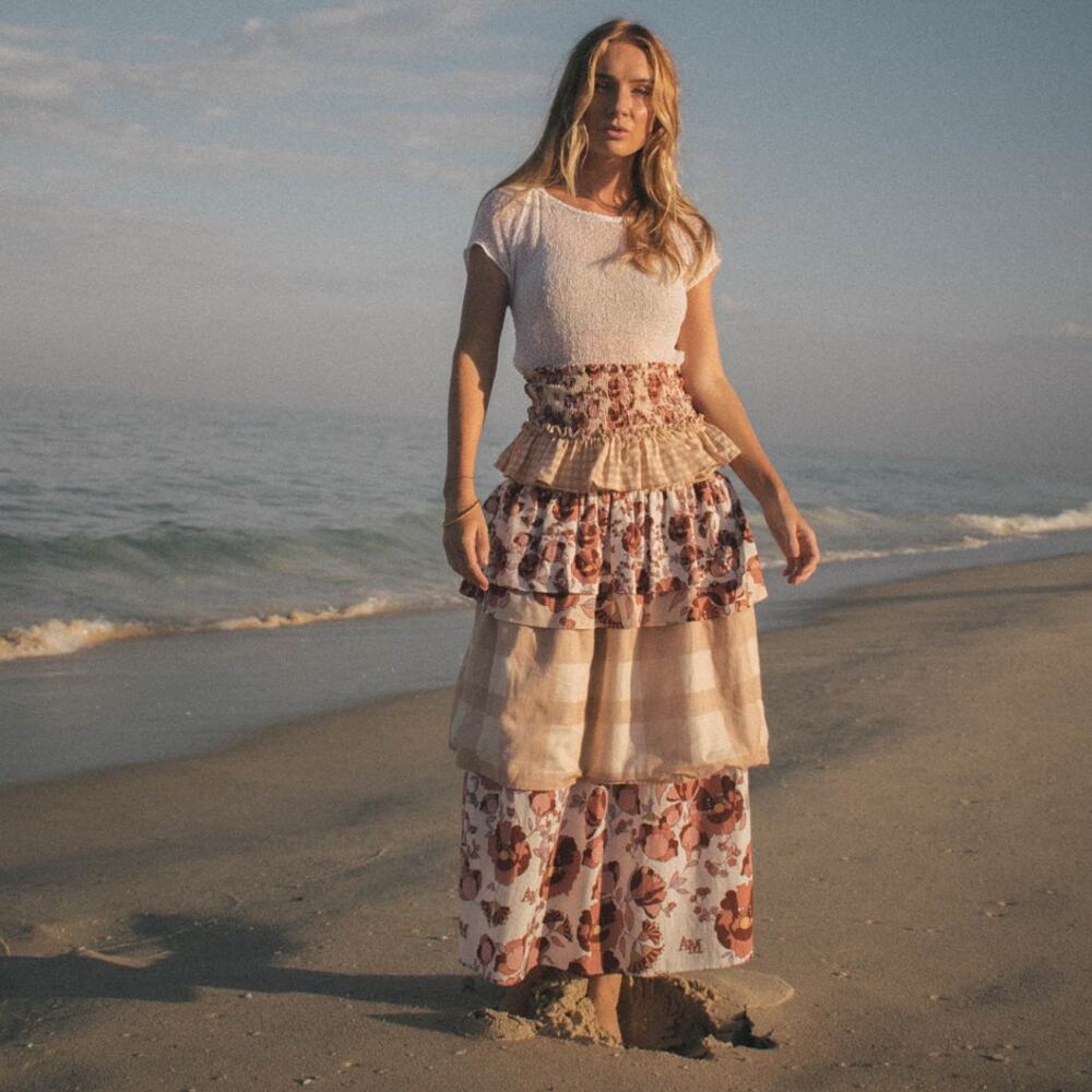 New AMBRA MADDALENA Guinivera Tiered Midi Skirt $200 US 4 Checks & Florals